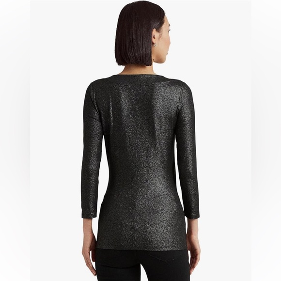 Lauren Ralph Lauren Women's Metallic Jersey Surplice Top black silver L - Picture 2 of 5